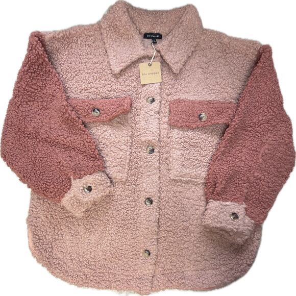 Blu Pepper Sherpa Shacket Women’s Size M Pink Fuzzy Button Up Jacket NWT Cozy - Picture 1 of 8